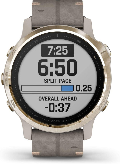 Garmin Fenix 6S Multisport GPS Smartwatch (42mm, Sapphire, Light Gold-Tone/Shale Gray Leather Band) with Charging Stand and Microfiber Cloth