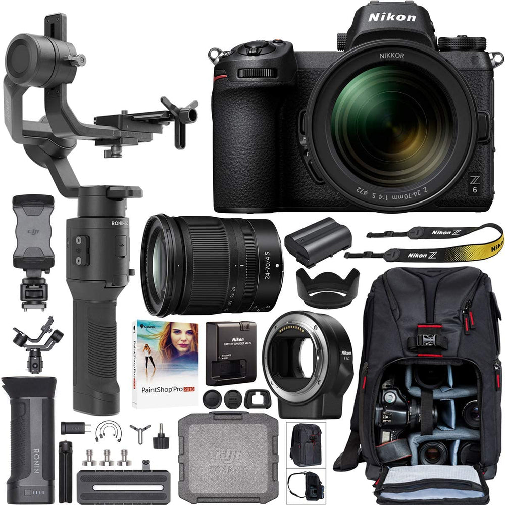 Nikon Z6 Mirrorless Full-Frame 4K Camera 1598 Filmmaker's Kit with 24-70mm f/4 S Lens + DJI Ronin-SC 3-Axis Handheld Gimbal Stabilizer Bundle + Mount Adapter FTZ + Deco Photo Backpack Case + Software