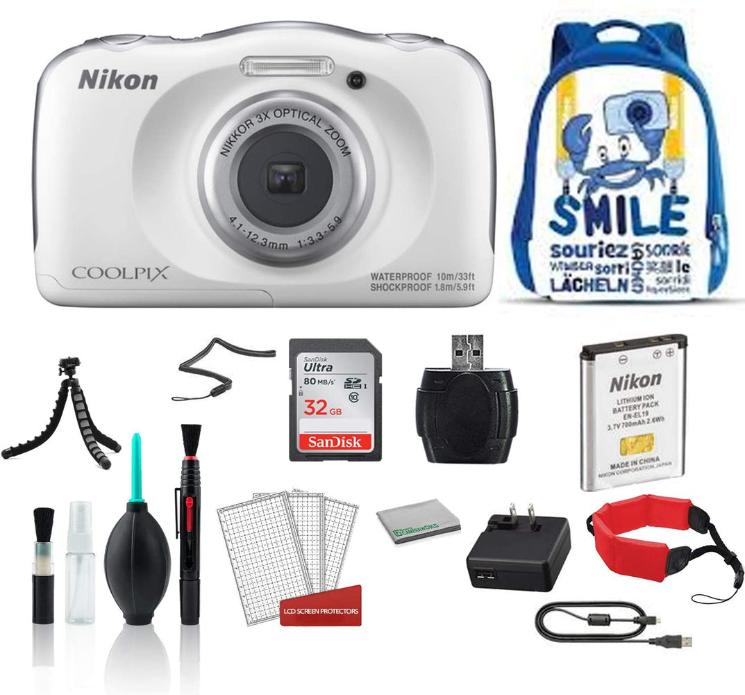 Nikon COOLPIX W100 Waterproof Rugged Digital Camera White Kid-Friendly - Bundle with BlueBackpack + 32GB Sandisk Memory Card + More