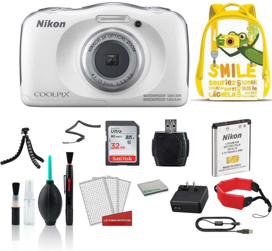 Nikon COOLPIX W100 Waterproof Rugged Digital Camera White Kid- Friendly - Bundle with Yellow Backpack + 32GB Sandisk Memory Card + More