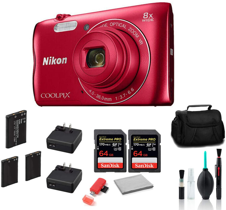 Nikon A300 Coolpix Camera (Red) with 2X 64 GB Memory Card-International Model