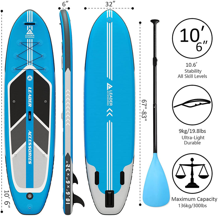 Leader Accessories 10'6" Inflatable Stand Up Paddleboard with Fins (6" Thick) Includes Adjustable Paddle,Kayak Leash,ISUP Backpack, Non-Slip Deck