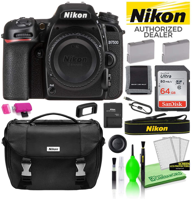 Nikon D7500 20.9MP DSLR Digital Camera (Body Only) (1581) USA Model Deluxe Bundle Kit -Includes- Sandisk 64GB SD Card + Large Camera Gadget Bag + Spare EN-EL15 Battery + Camera Cleaning Kit + More