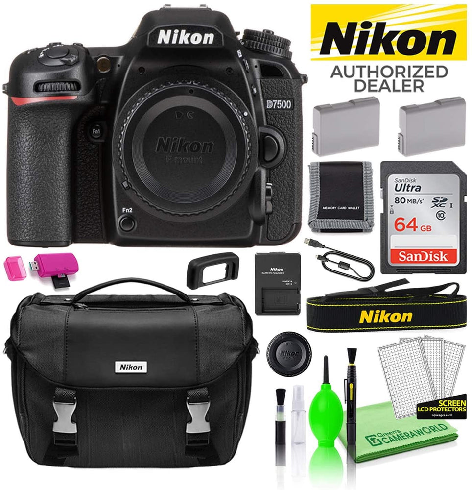 Nikon D7500 20.9MP DSLR Digital Camera (Body Only) (1581) USA Model Deluxe Bundle Kit -Includes- Sandisk 64GB SD Card + Large Camera Gadget Bag + Spare EN-EL15 Battery + Camera Cleaning Kit + More