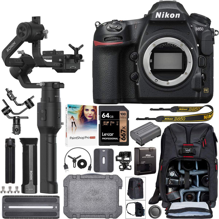Nikon D850 FX-Format Full Frame DSLR 4K Camera Body 1585 Filmmaker's Kit with DJI Ronin-S Essentials Kit 3-Axis Handheld Gimbal Stabilizer Bundle + Deco Photo Backpack Case + 64GB Card + Software
