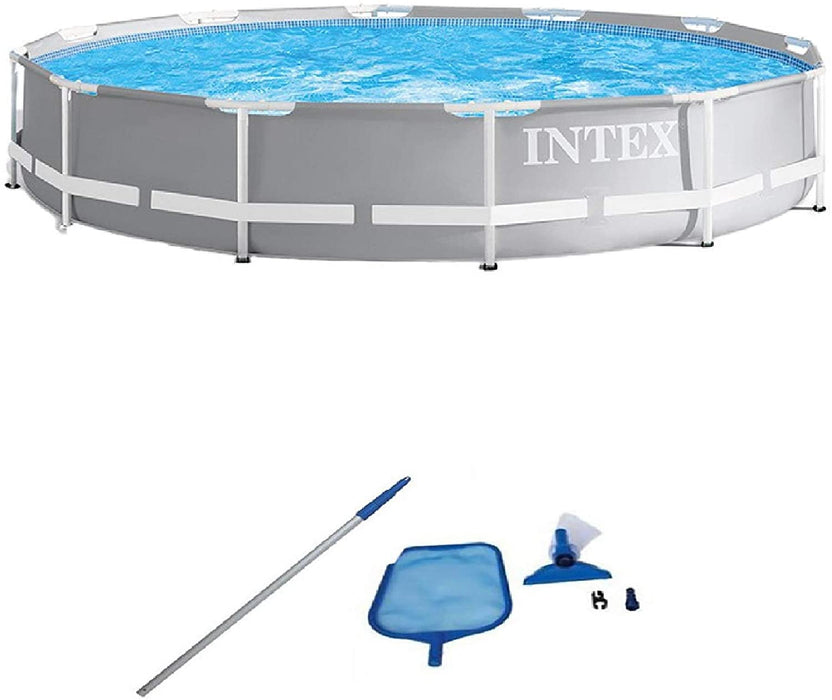 Intex 26711EH 12ft x 30in Prism Metal Frame Above Ground Swimming Pool with Filter Pump and Cleaning Maintenance Kit with Vacuum, Skimmer and Pole