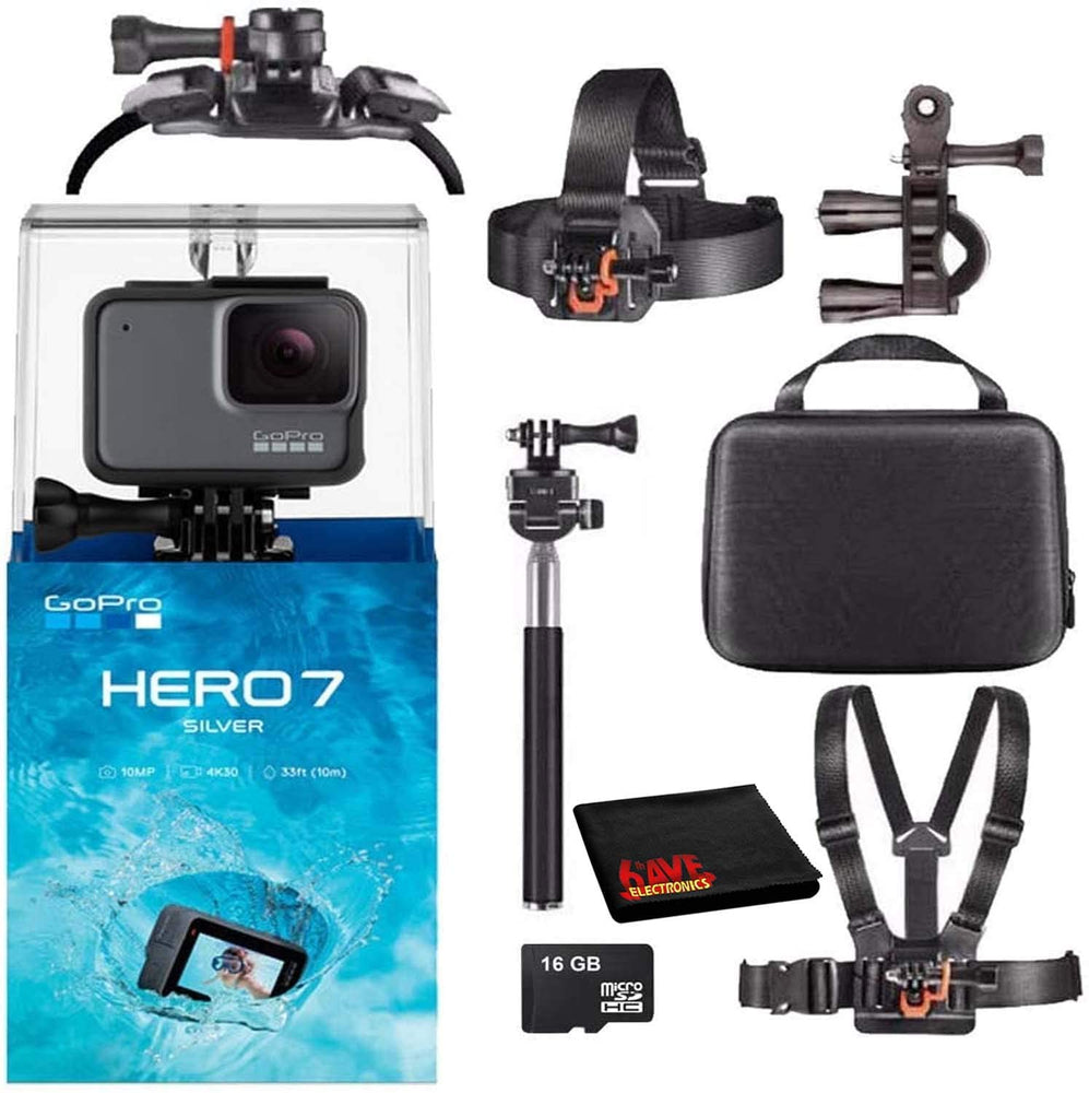 GoPro HERO7 Hero 7 Waterproof Digital Action Camera with 16GB microSD Card Base Bundle (Silver)