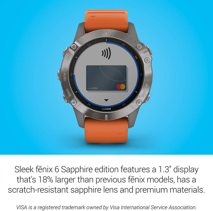 Garmin Fenix 6 Sapphire, Premium Multisport GPS Watch, Features Mapping, Music, Grade-Adjusted Pace Guidance, Titanium with Orange Band & Quickfit 22 Watch Band
