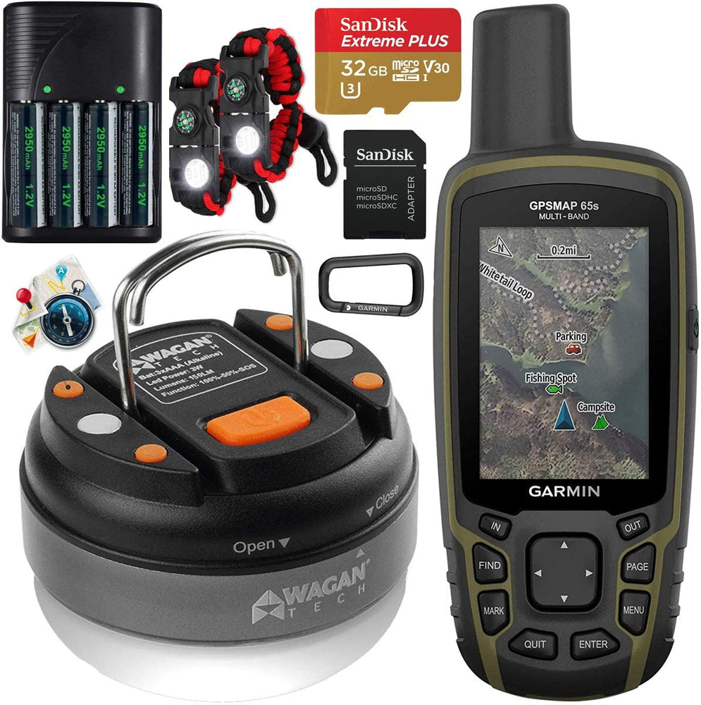Garmin GPSMAP 65s Handheld Hiking Outdoor GPS Navigator with ABC Sensors U.S. & Canada Maps GNSS Satellite Multi-Band Rugged Bundle w/Deco Gear Emergency Bracelets + LED Lantern + Rechargeable AA Kit