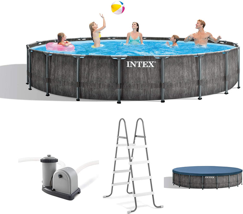 Intex 26743EH 18ft x 48in Greywood Premium Prism Steel Frame Outdoor Above Ground Swimming Pool Set with Cover, Ladder, & Pump