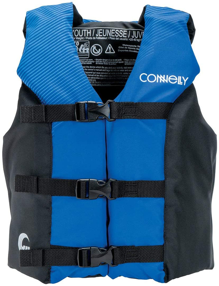 Connelly Coast Guard Approved Nylon Youth Child Water Sport Lake Boating Swimming Life Jacket PFD Vest, Blue/Black