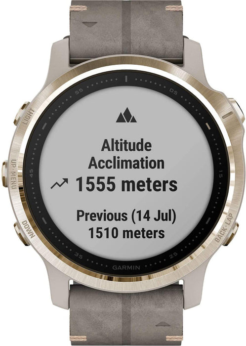 Garmin Fenix 6S Multisport GPS Smartwatch (42mm, Sapphire, Light Gold-Tone/Shale Gray Leather Band) with Charging Stand and Microfiber Cloth
