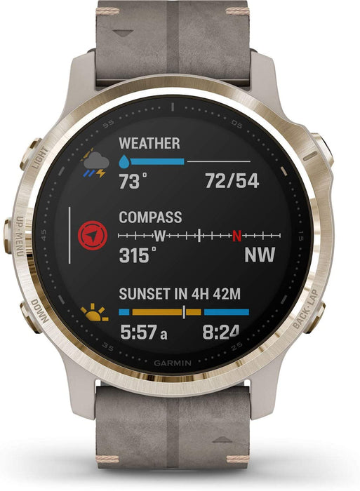 Garmin Fenix 6S Multisport GPS Smartwatch (42mm, Sapphire, Light Gold-Tone/Shale Gray Leather Band) with Charging Stand and Microfiber Cloth