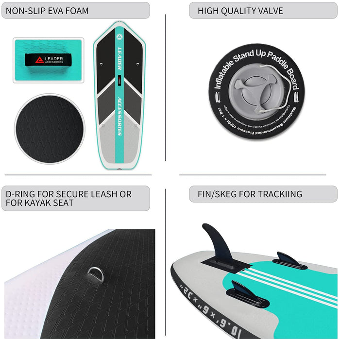Leader Accessories 10'6" Inflatable Stand Up Paddleboard with Fins (6" Thick) Includes Adjustable Paddle,Kayak Leash,ISUP Backpack, Non-Slip Deck