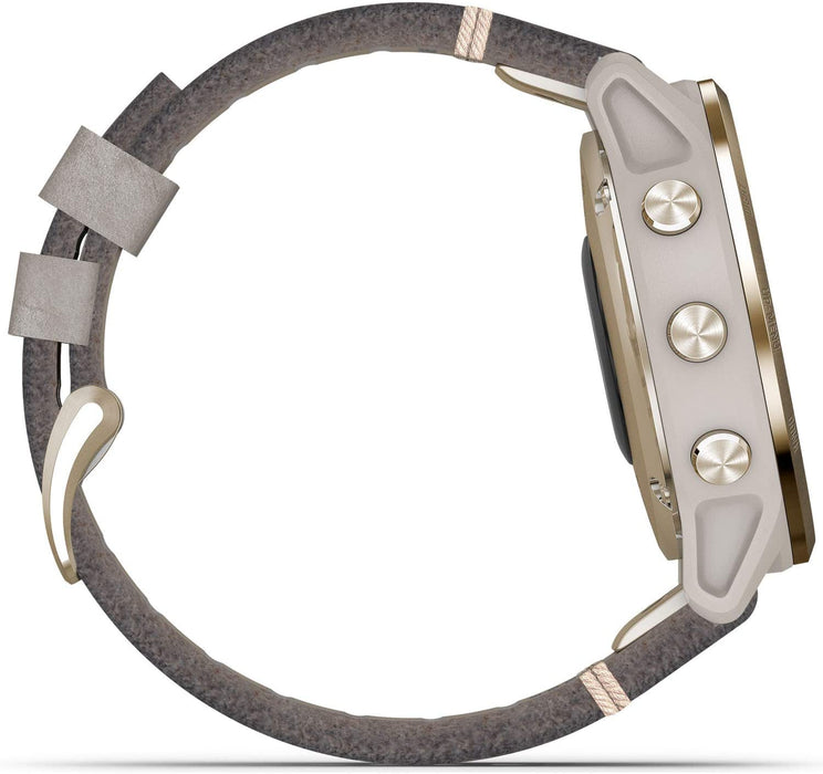 Garmin Fenix 6S Multisport GPS Smartwatch (42mm, Sapphire, Light Gold-Tone/Shale Gray Leather Band) with Charging Stand and Microfiber Cloth