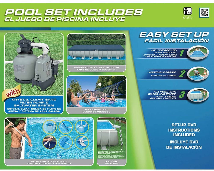 Intex 24ft X 12ft X 52in Ultra Frame Rectangular Pool Set with Sand Filter Pump & Saltwater System, Ladder, Ground Cloth, Pool Cover, Deluxe Maintenance Kit & Volleyball Set