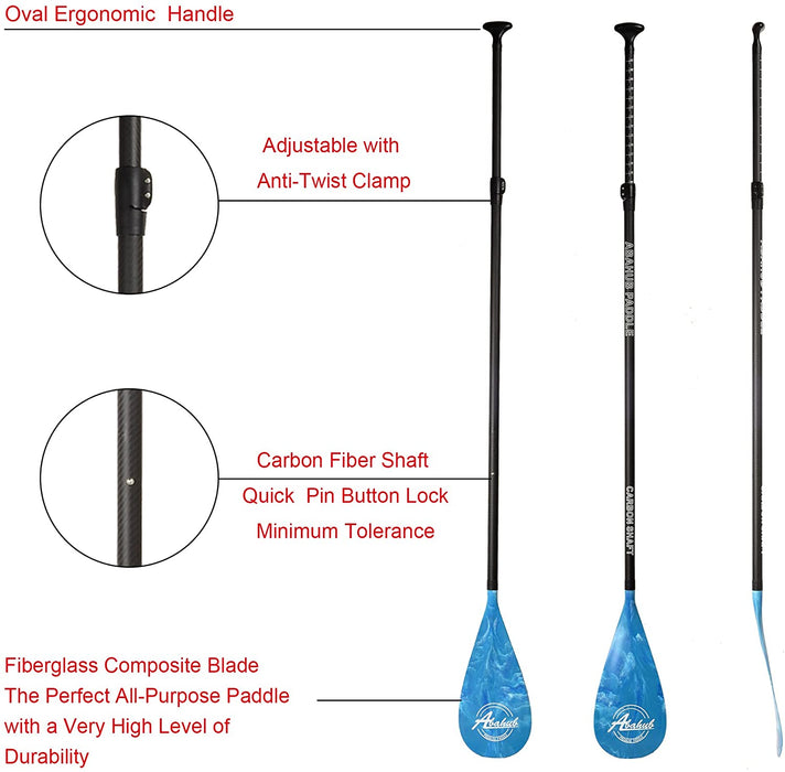 Abahub 3-Piece Adjustable Carbon Fiber SUP Paddle Carbon Shaft + Carrying Bag for Stand Up Paddleboard