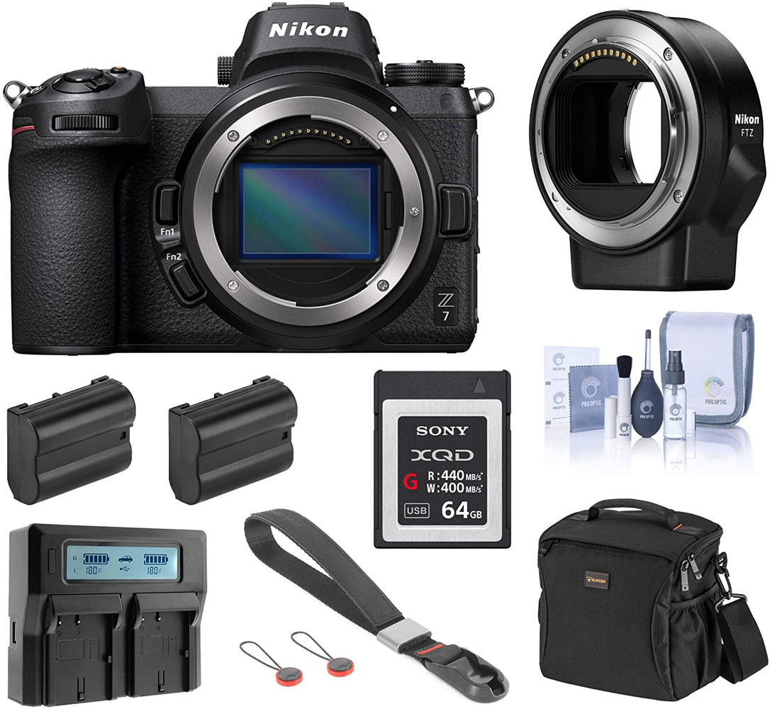 Nikon Z7 FX-Format Mirrorless Digital Camera Body Only, Complete Bundle with FTZ Mount Adapter, 64GB XQD Card, 2 Extra Battery, Dual Charger and Accessories