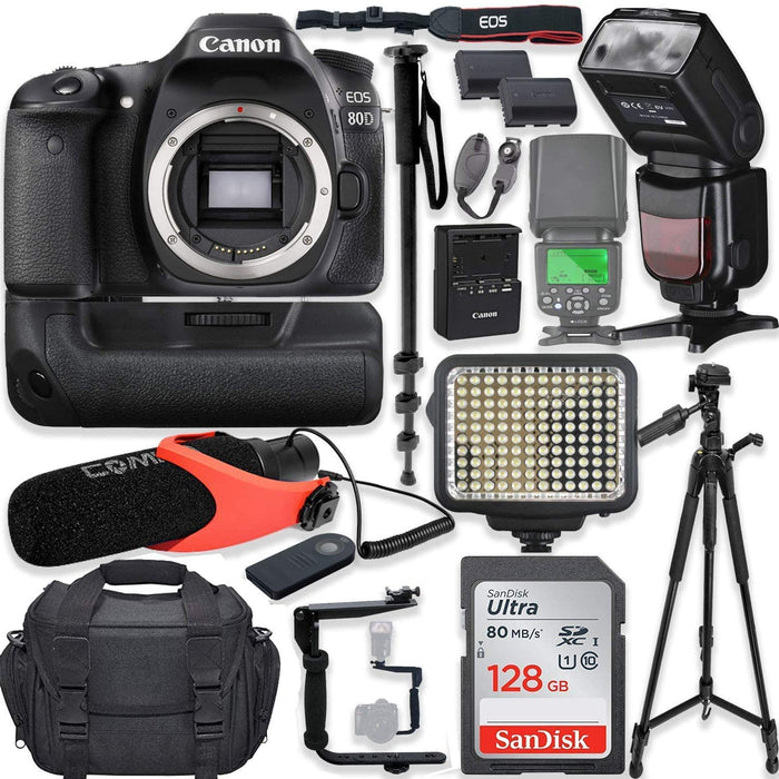 Canon EOS 80D DSLR Camera w/Canon 18-55mm STM Lens Kit + Pro Photo & Video Accessories Including 128GB Memory, Speedlight TTL Flash, Battery Grip, LED Light, Condenser Micorphone