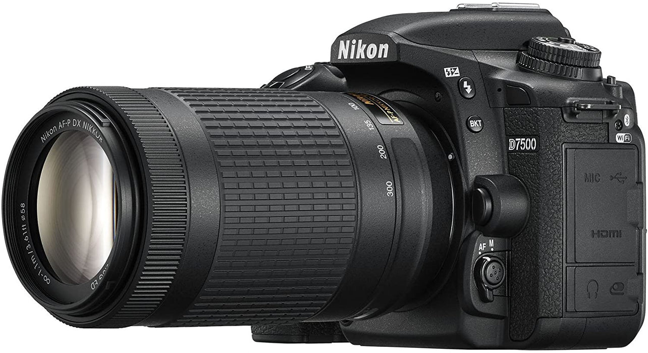 Nikon D7500 4K Ultra HD DSLR Camera with AF-P DX 18-55mm f/3.5-5.6G and 70-300mm f/4.5-6.3G NIKKOR Lens Kit + 500mm Preset f/8 Telephoto Lens + 0.43x Wide Angle, 2.2x Pro Bundle