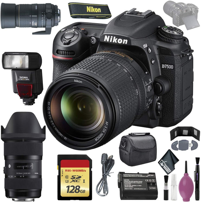 Nikon D7500 DSLR Camera w/ 18-140mm Lens (International Model) - 128GB - Case - EN-EL15 Battery - Sigma EF530 ST - AF135-400 F4.5-5.6 DG APO Lens Mount - 18-35MM 1.8 DC HSM F/NIKON