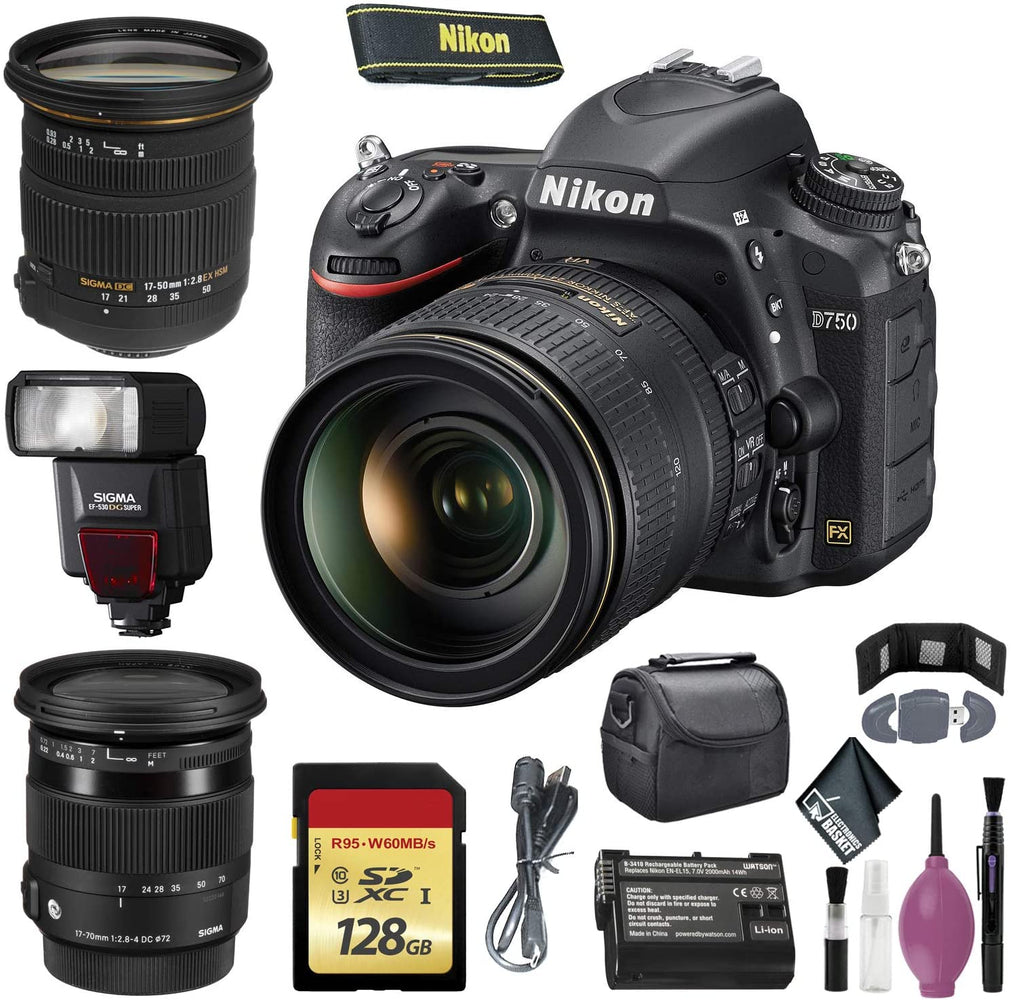 NIKON D750 Digital Camera 24-120mm F/4 VR Lens (International Model) - 128GB - Case - EN-EL15 Battery - Sigma EF530 ST - 17-50 2.8 EX DC OS HSM NIKON - 17-70mm f/2.8-4 DC Macro OS HSM Lens
