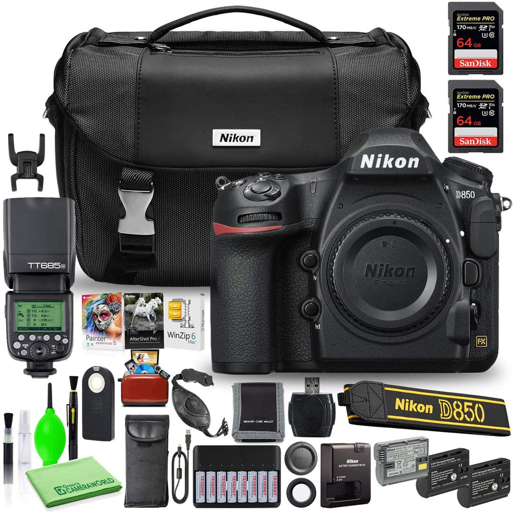 Nikon D850 DSLR Digital Camera Body Only (1585) USA Model Bundle with (2) SanDisk 64GB Extreme PRO SD Cards + Godox TT685N TTL Flash + Editing Software + (2) Extra Batteries + Nikon Camera Bag + More