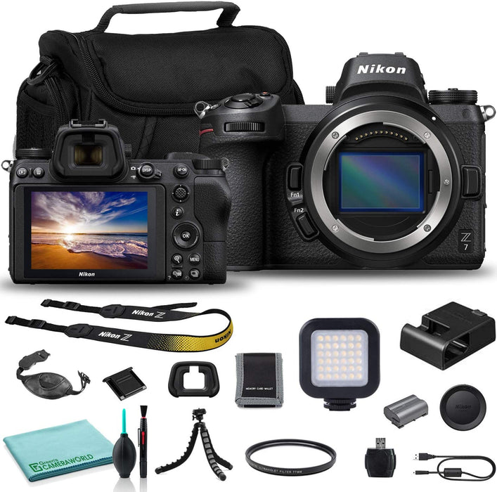 Nikon Z7 Mirrorless Digital Camera (Body Only) (1591) USA Model + Camera Bag + Hand Strap + Portable LED Video Light + Memory Card Wallet + More