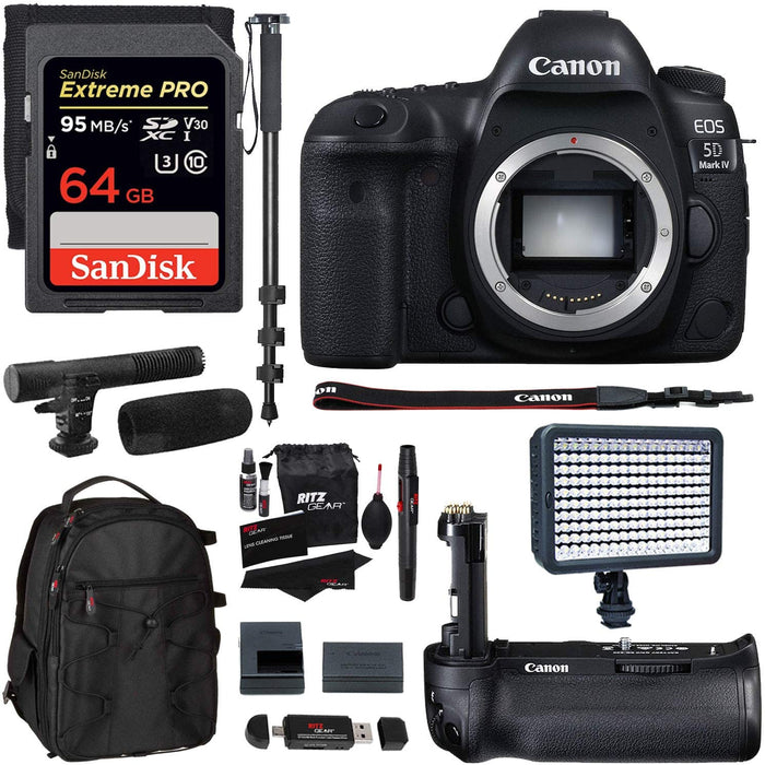 Canon EOS 5D Mark IV Full Frame Digital SLR Camera Body, Canon BG-E20 Grip, Sandisk Extreme 64GB U3 Card, Polaroid LED Video Light, Microphone, 72-inch Monopod