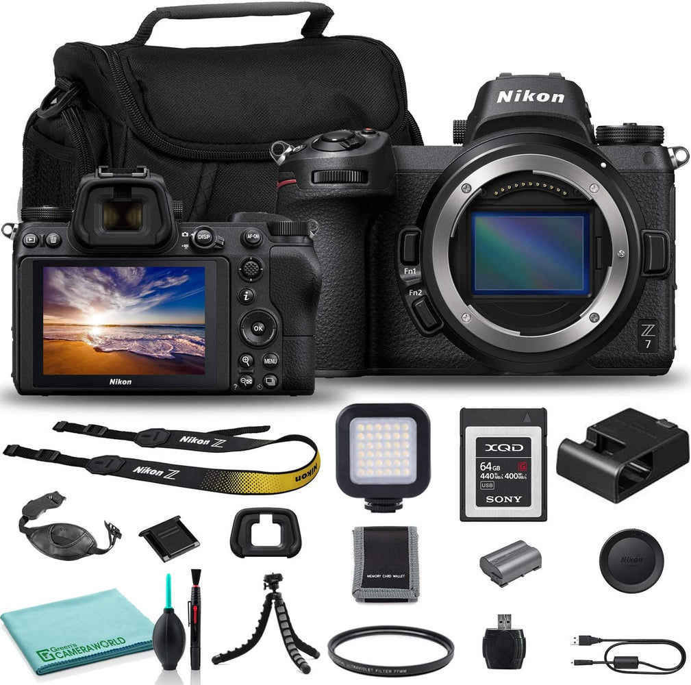 Nikon Z7 Mirrorless Digital Camera (Body Only) (1591) USA Model + Camera Bag + Sony 64GB XQD G Series Memory Card + Hand Strap + Portable LED Video Light + Memory Card Wallet + More