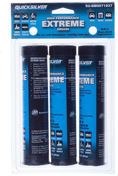 Quicksilver 8M0071837 High Performance Extreme Grease/Lubricant with PTFE, 3-Ounce Cartridges, Pack of 3