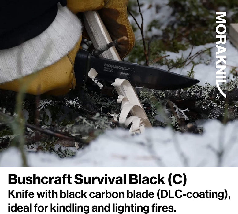 Morakniv Bushcraft Carbon Steel Survival Knife with Fire Starter and Sheath, 4.3-Inch, Black