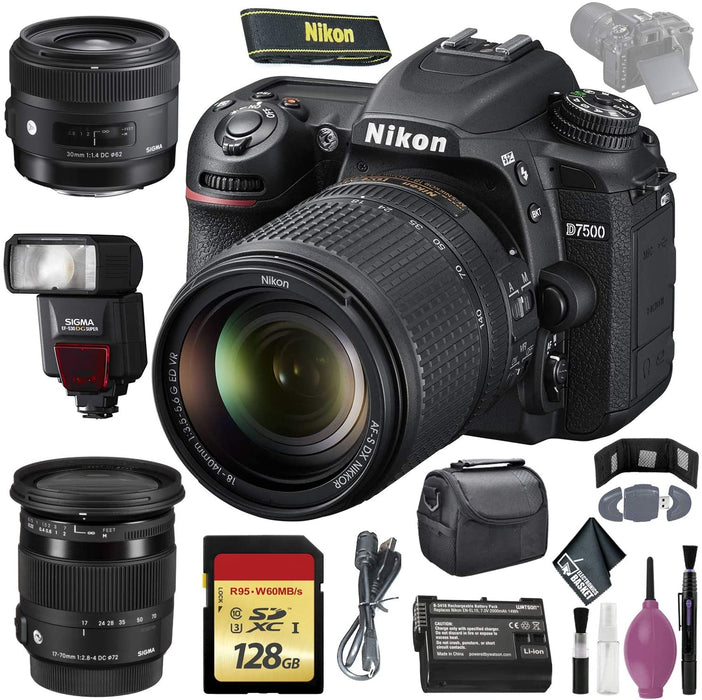 Nikon D7500 DSLR Camera w/ 18-140mm Lens (International Model) - 128GB - Case - EN-EL15 Battery - Sigma EF530 ST - 30mm f/1.4 DC HSM Art Lens - 17-70mm f/2.8-4 DC Macro OS HSM Lens