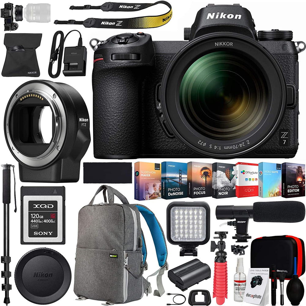 Nikon Z7 Mirrorless FX-Format Full-Frame 4K Ultra HD Camera Body (1594) with NIKKOR Z 24-70mm f/4 S Lens Kit + FTZ Mount Adapter for F-Mount and 120GB Memory Card Deco Gear Backpack Microphone Bundle