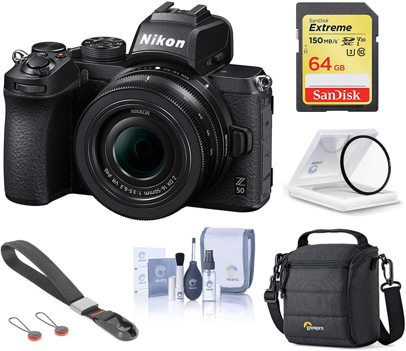 Nikon Z 50 DX-Format Mirrorless Camera with 16-50mm f/3.5-6.3 VR Lens, Essential Bundle with Bag, 64GB SD Card, Wrist Strap and Accessories