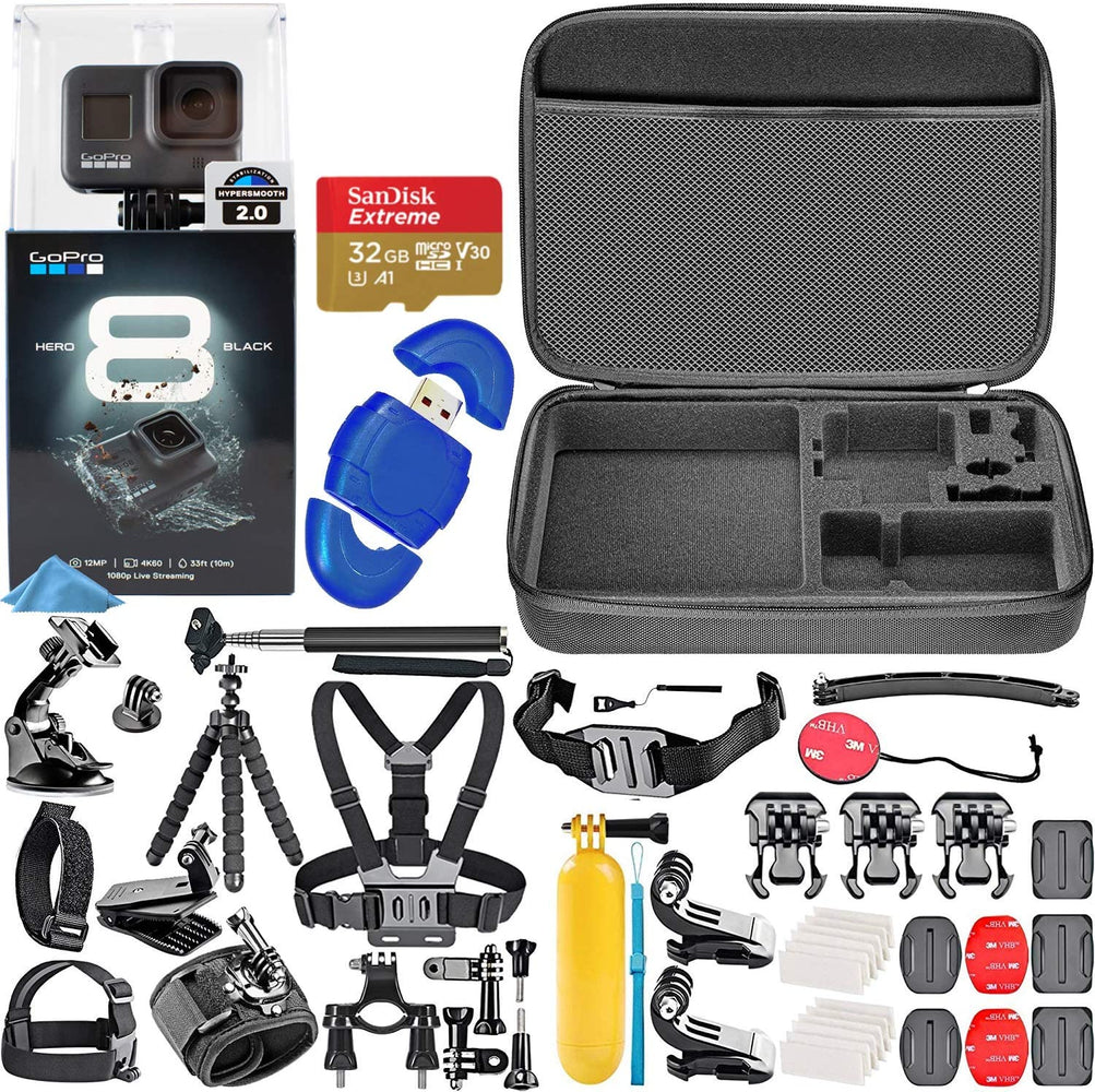 GoPro HERO8 Black + SanDisk Extreme 32GB Memory Card + Hard Case + Card Reader + Chest Strap Mount + Head Strap Mount + Flexible Tripod + Monopod + Floating Handle + Hero 8 Best Value Bundle