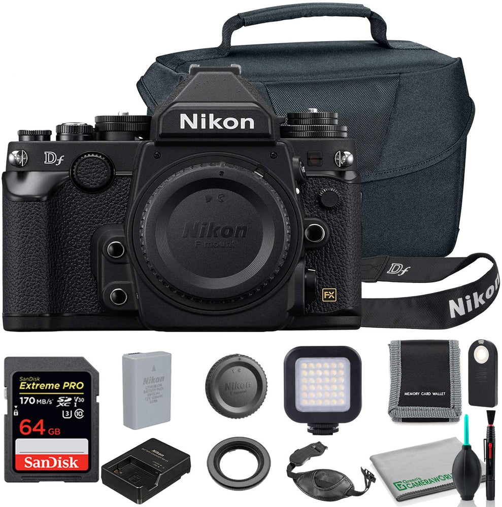 Nikon Df DSLR Camera (Body Only, Black) (1525) USA Model + Camera Bag + SanDisk 64GB Extreme PRO Memory Card + Wireless Remote Shutter Release + Hand Strap + Portable LED Video Light + More