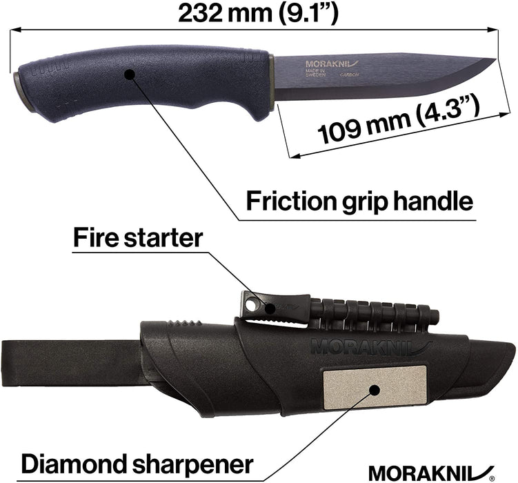 Morakniv Bushcraft Carbon Steel Survival Knife with Fire Starter and Sheath, 4.3-Inch, Black