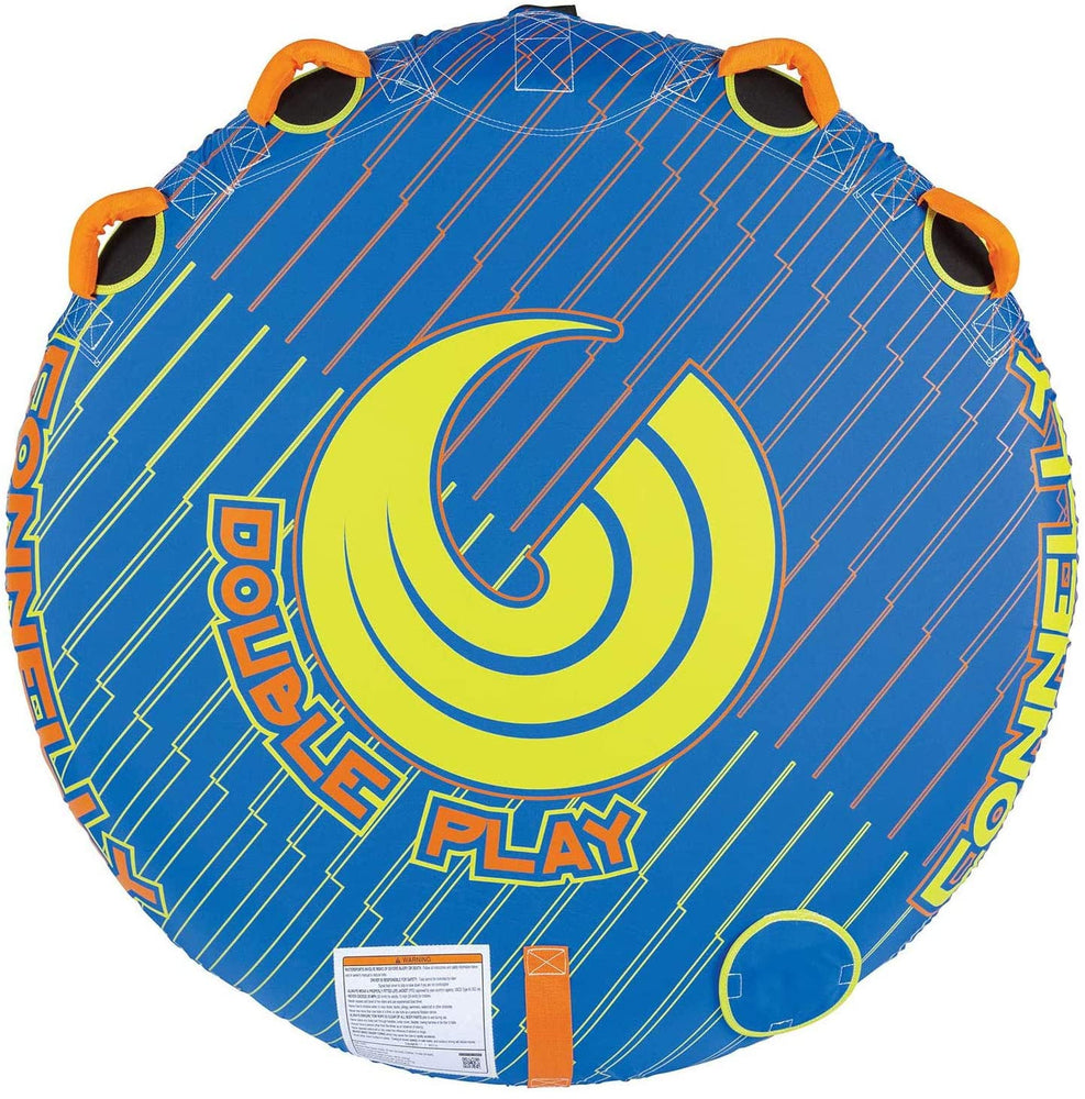 Connelly Double Play 60 Inch Diameter 2 Person Inflatable Platform Deck Boat Towable Lake Water Inner Tube, Blue and Orange