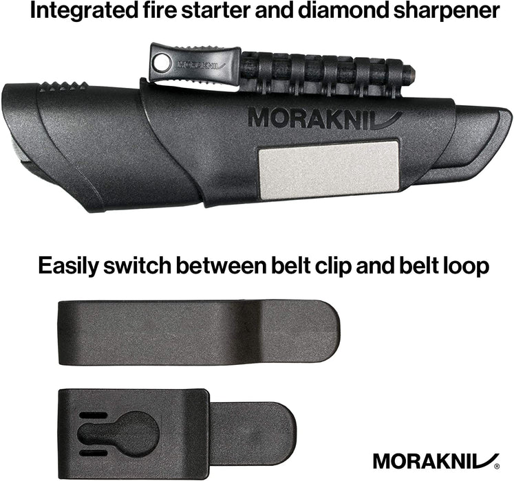 Morakniv Bushcraft Carbon Steel Survival Knife with Fire Starter and Sheath, 4.3-Inch, Black