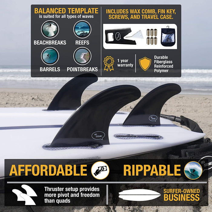 Ho Stevie! Fiberglass Reinforced Polymer Surfboard Fins - Thruster (3 Fins) FCS or Futures Sizes, with Fin Bag, Screws