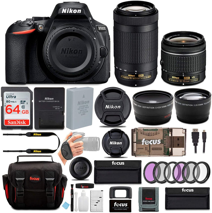 Nikon D5600 24.2MP DSLR Camera with 18-55mm and 70-300mm Lenses Bundled with 64GB SD Card, Filters