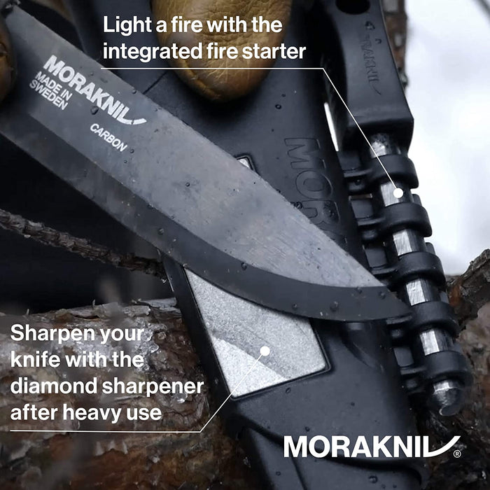 Morakniv Bushcraft Carbon Steel Survival Knife with Fire Starter and Sheath, 4.3-Inch, Black