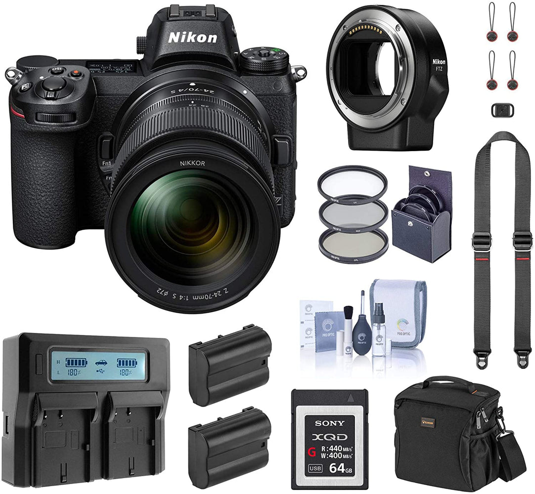 Nikon Z7 FX-Format Mirrorless Digital Camera with 24-70mm Lens, Complete Bundle with FTZ Mount Adapter, 64GB XQD Card, 2 Extra Battery and Accessories