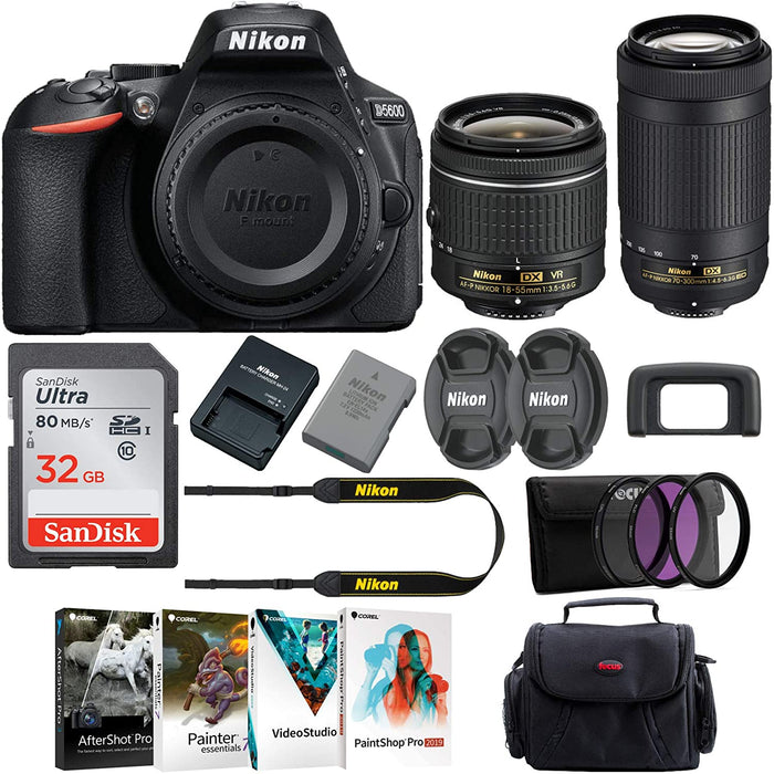 Nikon D5600 24.2MP DSLR Camera with 18-55mm and 70-300mm Lenses Bundled with 64GB SD Card, Filters