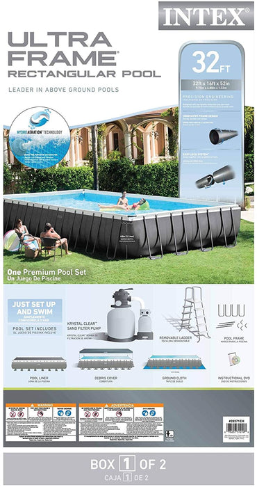 Intex 32ft X 16ft X 52in Ultra Frame Rectangular Pool Set with Sand Filter Pump, Ladder, Ground Cloth and Pool Cover