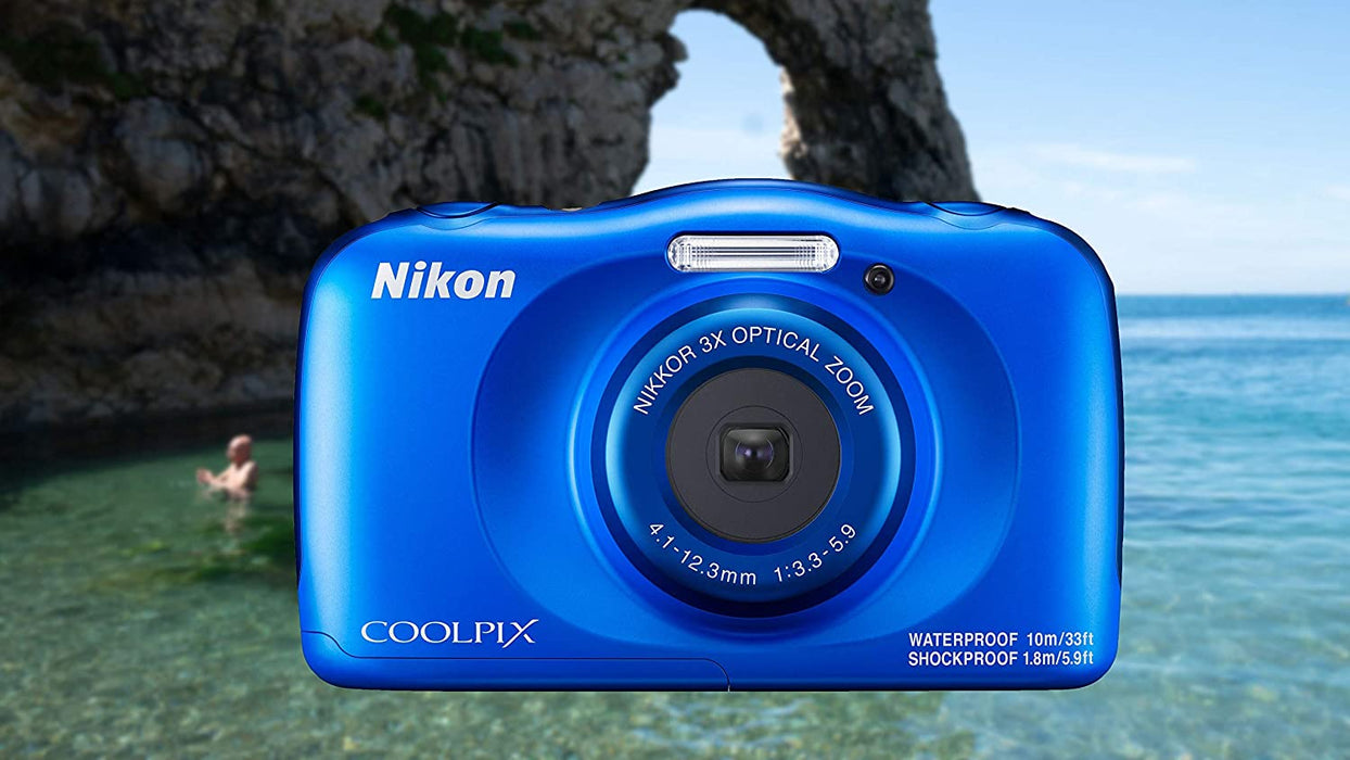 Nikon Coolpix W150 Wi-Fi Rugged Waterproof Digital Camera (Blue) 13.2 MP Bundle with 32GB Sandisk Memory Card + Floating Strap + Carrying Case + More (International Model)