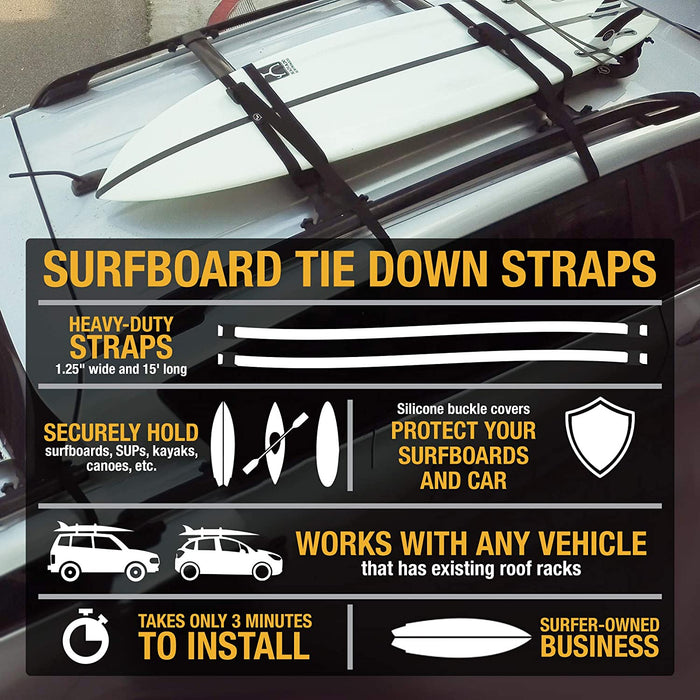 Ho Stevie! Surfboard Tie Down Straps 'No Scratch' 15ft (Pair) for Car Truck SUV with roof Racks - for SUP, Kayak, Canoe Also