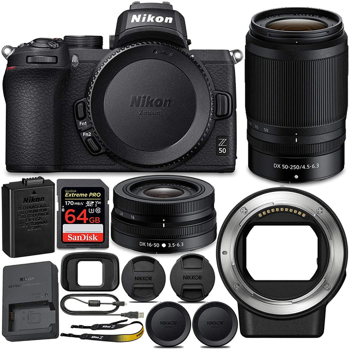Nikon Z 50 Mirrorless Camera with Z 16-50 & 50-250 VR Lenses and Mount Adapter with 64GB Card and Accessory Bundle (3 Items)