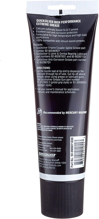 Quicksilver 8M0071838 High Performance Multi-Purpose Extreme NLGI 2 Marine Grease, 8-Ounce Tube